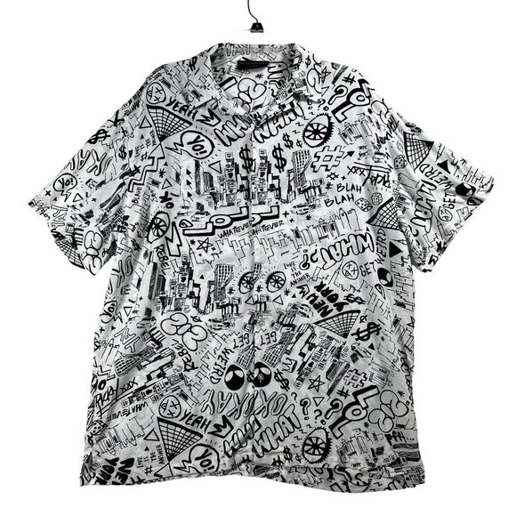 Mens XL Graphic Cartoon Print Short Sleeve Button Up Fun Shirt By No Boundaries - Picture 1 of 7